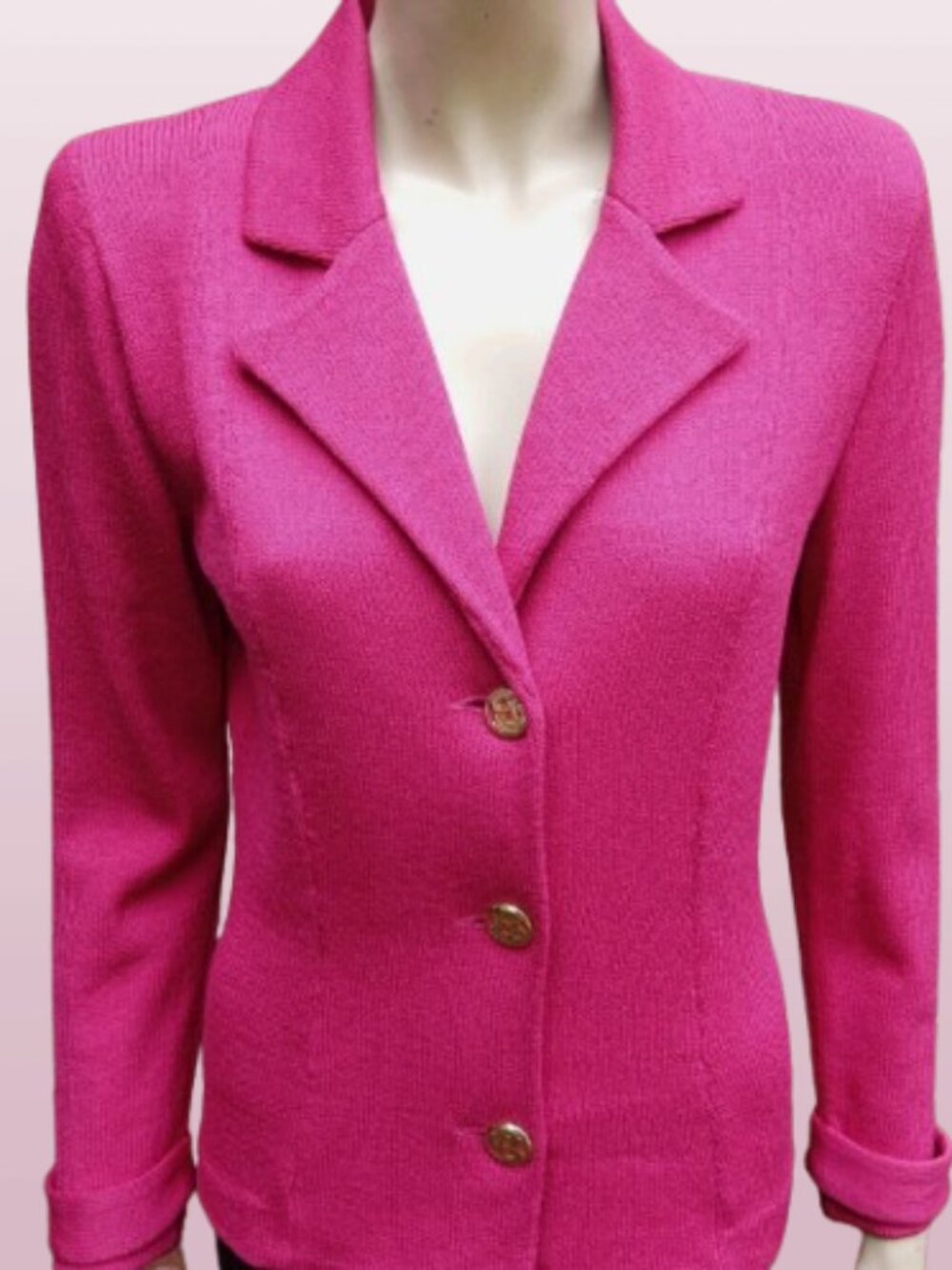 St. John by Marie Gray Pink Santana Knit Blazer SJ Gold Buttons Notch Collar
